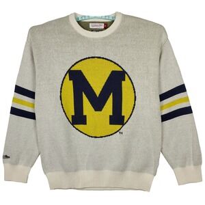 Michigan‎ Wolverines Mitchell & Ness NCAA Large Knitted Sweater Cream Navy NWT